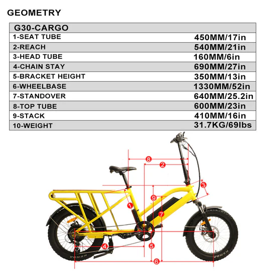 Dimensions of EUNORAU G30-CARGO 48V/20Ah 500W Dual Battery Cargo Electric Bike